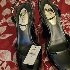 Express Black Patent Leather Block Heel Sandals with Ankle Strap